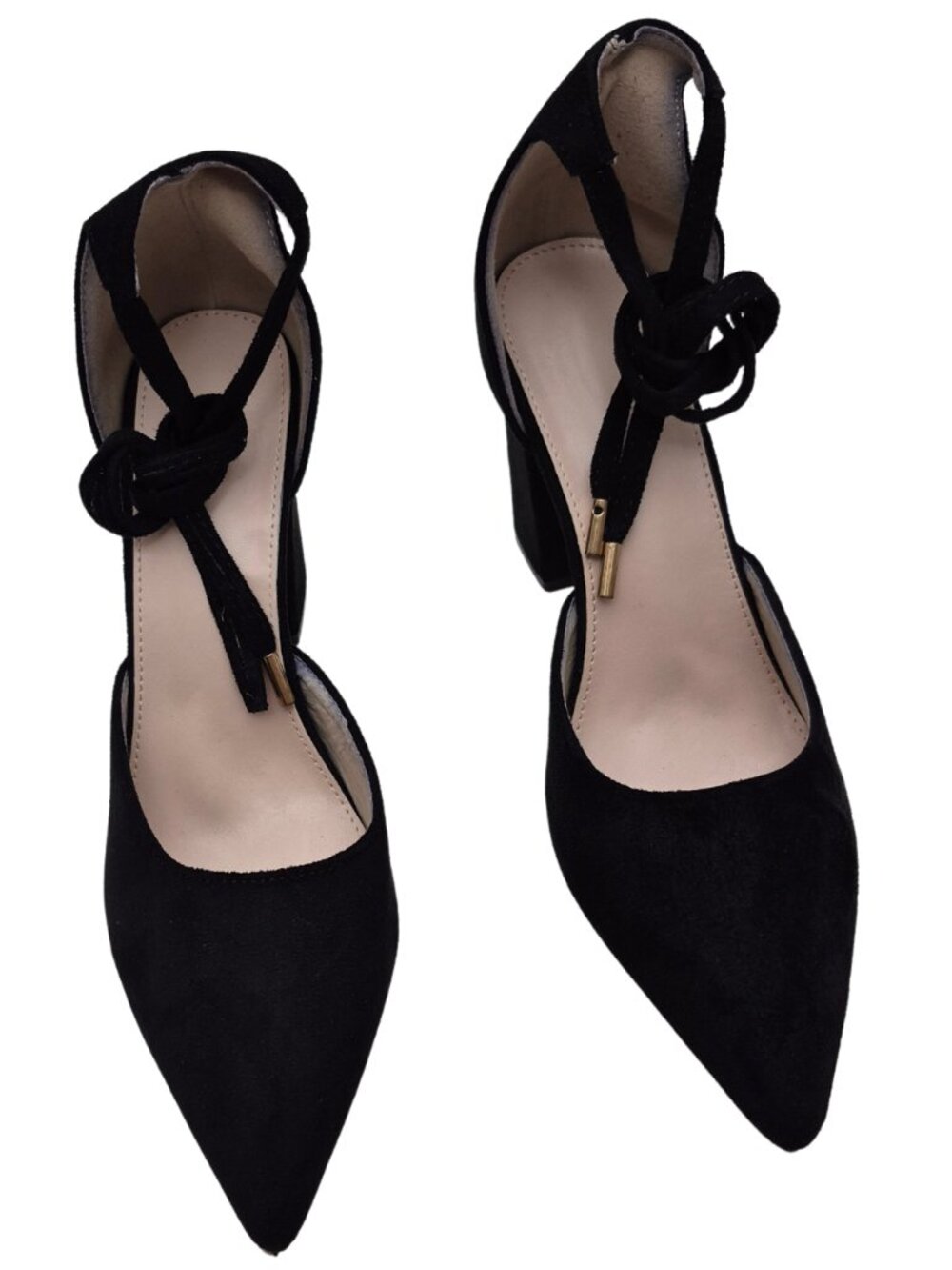 Women's Black Faux Suede High-Heeled Shoes with Ankle Ties Size 41 (US 9.5)